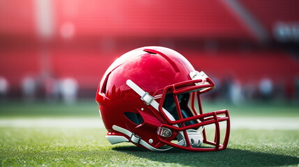 Sports equipment Red football helmet resting on stadium grass
