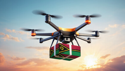 A drone delivers a box with a Vanuatu flag. The concept of delivering goods, food from stores to the client’s home in the Vanuatu.