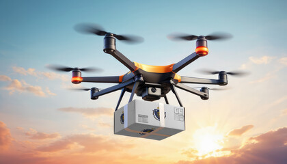 A drone delivers a box with a Massachusetts flag. The concept of delivering goods, food from stores to the client’s home in the Massachusetts.