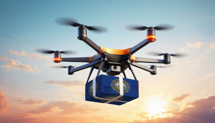A drone delivers a box with a New Hampshire flag. The concept of delivering goods, food from stores to the client’s home in the New Hampshire.