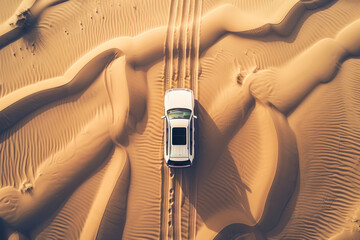 Aerial drone view of a car on desert sand dunes.