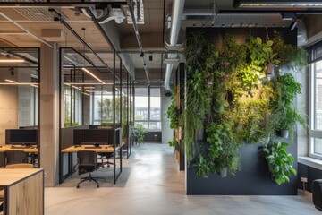 Interior of green office with many different plants and vertical gardens, concept of eco friendship with business - 783902053