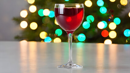 a wine glass on white surface with Christmas lights - obrazy, fototapety, plakaty