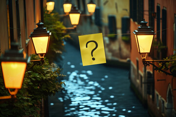 Question Mark Hanging on String Lights over Canal