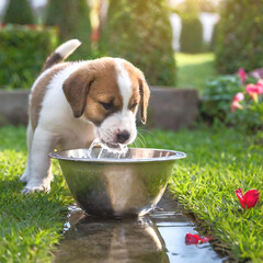 정원에서 그릇에 담긴 물을 마시는 강아지