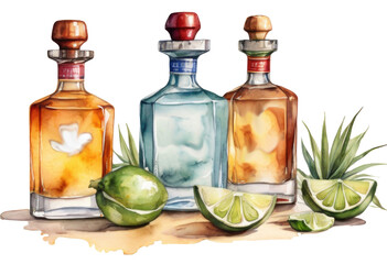 Alcoholic drinks Tequila with lime and ice. Hand drawn watercolor illustration