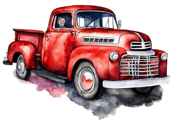 Watercolor illustration of a red pickup truck. - obrazy, fototapety, plakaty