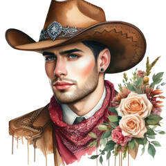 Watercolor portrait of handsome cowboy and roses.