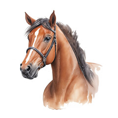 Portrait of a bay horse. Watercolor painting on white background