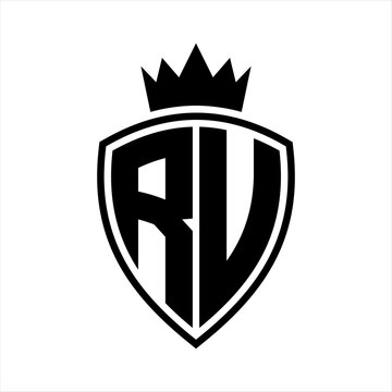recommend clip art: RU Letter monogram shield and crown outline shape with black and white color design