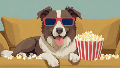  Dog watching 3D glasses, movie and popcorn laying on a sofa, illustration. - 783903222