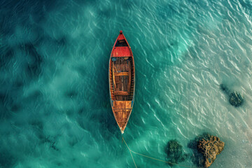 Aerial view of a fisherman's boat in bay. Top view.