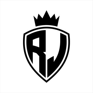 recommend clip art: RJ Letter monogram shield and crown outline shape with black and white color design