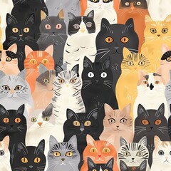 An assortment of cat breeds comes to life in a cute, simple hand-drawn style, repeating seamlessly to create enchanting wallpapers, fabrics, and patterned surfaces