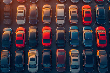 Fototapeta premium Aerial view of new cars stock at factory parking lot. Above view cars parked in a row.