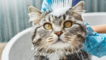Cat in the bath getting shampooed in a grooming salon.