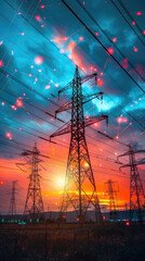 Dramatic power lines with vibrant sunset - A dynamic and dreamy depiction of towering electricity pylons silhouetted against a vivid sky at dusk, representing energy distribution