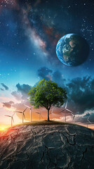 Eco-friendly concept with tree and windmills - A desolate cracked landscape with a lone tree and windmills under a surreal sky depicting an eco-conscious world