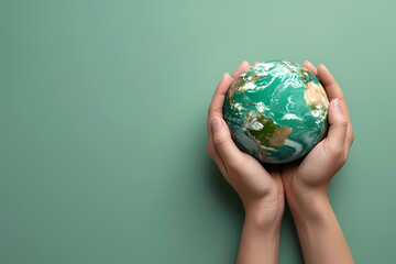 Earth day concept on green background, earth in hands, save planet