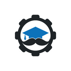 Mustache education gear shape concept logo. Strong education logo design template. Hat graduation with mustache icon design.	