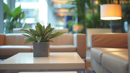 Simple, out-of-focus background of a business lounge with indistinct shapes of sofas and a coffee table.