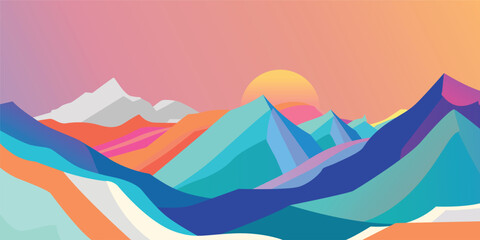 Modern Landscape Poster Design, Mountain Scenery in Geometric Banner Style with Abstract Vector Art and Wavy Shapes