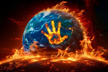 Earth with a fiery handprint, representing human impact