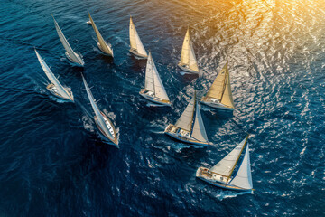 Regatta sailing ship yachts with white sails at opened sea. Top view