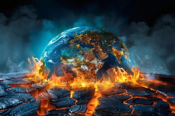 Earth with cracks forming from the heat, releasing steam - obrazy, fototapety, plakaty