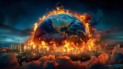 Earth with cities on fire, smoke billowing into the atmosphere - obrazy, fototapety, plakaty