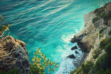 Stunning oceanfront where steep slopes meet turquoise shores.