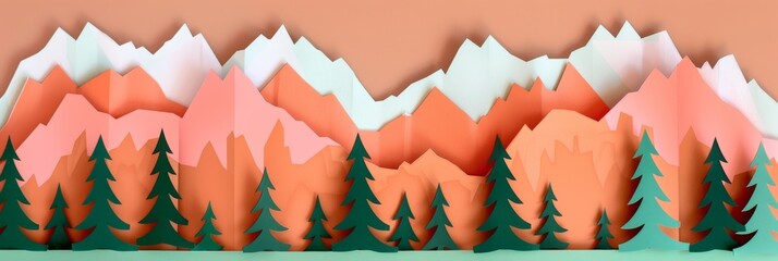 Colorful paper art forest and mountains. A creative panoramic paper art of a forest with bright colored trees against white mountains and a backdrop. Great for christmass postcard design inspiration