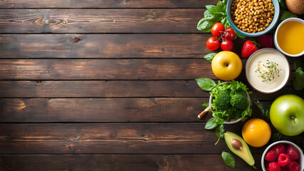 selection of healthy food on rustic wooden background - obrazy, fototapety, plakaty