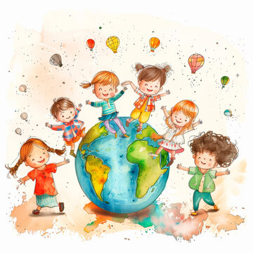 Children of different nationalities on planet Earth. Friendship of Peoples. Watercolor illustration.