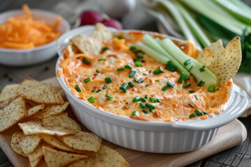 Buffalo Chicken Dip with Homemade Crostini, Chips, and Fresh Vegetables - Deliciously Creamy and Cheesy