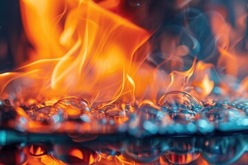 Burning Glass Fireplace: Closeup of Comfort and Warmth with Radiating Fire and Flames in Furnace, Coal and Drown - obrazy, fototapety, plakaty