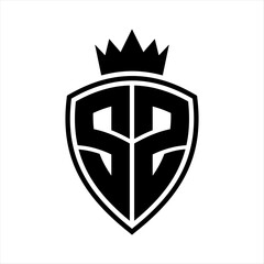 SZ Letter monogram shield and crown outline shape with black and white color design