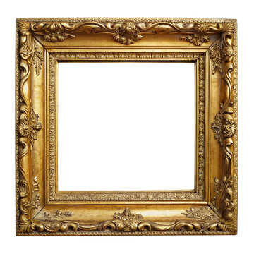 An empty golden picture frame on transparent background