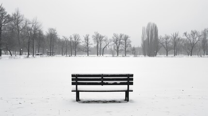Solitary bench in a snow-covered park - obrazy, fototapety, plakaty