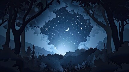A serene paper-cut scene of a clear night sky viewed from a forest clearing