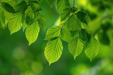 Fototapeta na wymiar Closeup of Hornbeam Tree: Green Leaves and Seeds of Deciduous Flora in Vibrant Summer Colors 