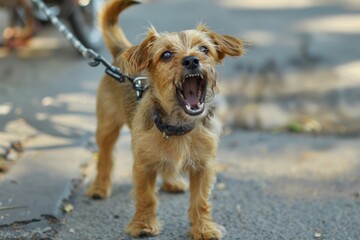 Cute Terrier on Leash: Playful Barking Dog, Not Aggressive
