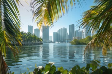 Crowded Miami Skyline with High-Rises in Downtown: Urban Architecture and Buildings seen through Palm Trees in Beach