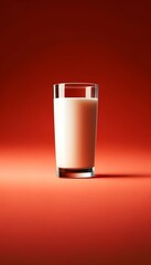 A tall glass of milk on a solid red background.The image is vertical, with a striking backdrop.