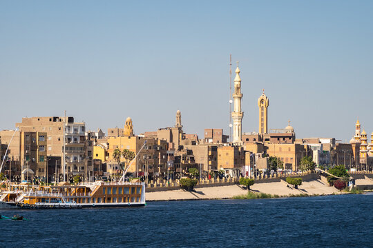 The corniche of Esna town from the Nile river in Egypt