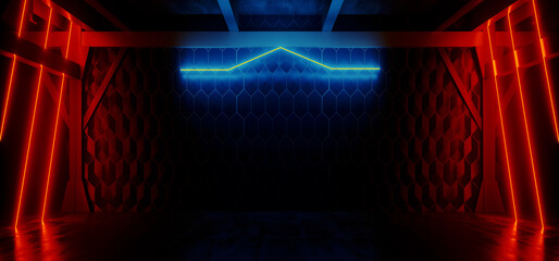 Sci Fi Futuristic Blue Red Glowing Neon Fluorescent Alien Spaceship Coridor Hangar Virtual Cement Concrete Showroom Electric Lasers Background 3D Rendering - 783907647