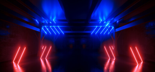 Cyber Virtual Neon Sign Glowing Lasers Glowing Red Blue Cement Basement Warehouse Tunnel Corridor Dark  Showroom Club Retro 3D Rendering - 783907660