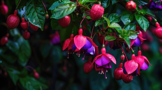 Fuschia Flowers in Bloom: Beautiful Red and Purple Blossoms on a Tree Branch with Leafy Foliage