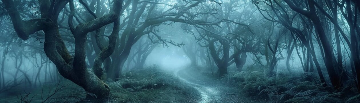 Deep forest pathway, misty with spectral figures lurking, twisted trees forming gnarled silhouettes, moonlight casting shadows
