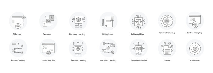 Optimizing Prompt Engineering. Icons for Ai prompt, in context learning, prompt iteration, prompt chaining, examples, few shot learning, zero shot learning, task framing, safety and bias, and more. - obrazy, fototapety, plakaty